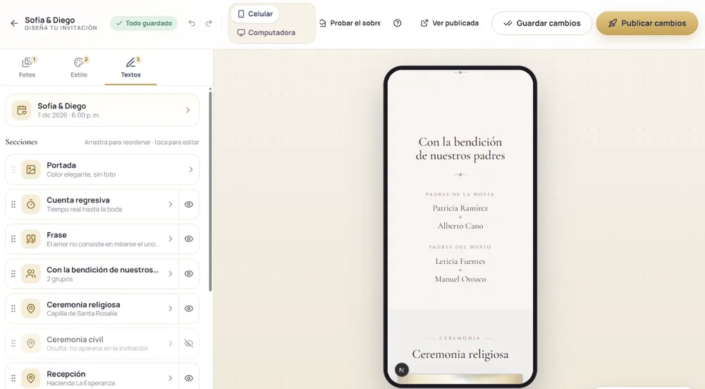 Editor de La Gran Cita en la pestaña Textos, con las secciones de la invitación